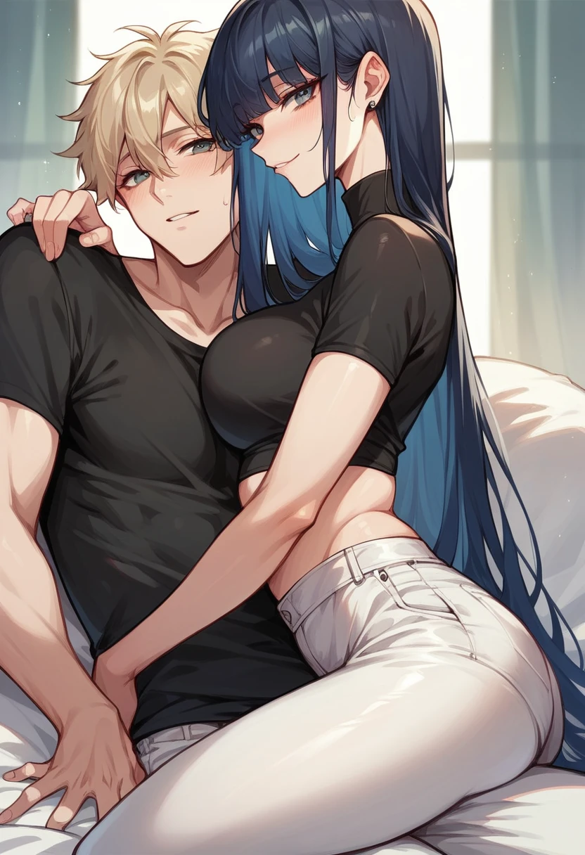 A 25 year old hot, sexy beautiful girl and a boy is doing romance the boy is wear black shirt and white pant and the girl is wear a sexy black leather short shirt and short pant and long stocking