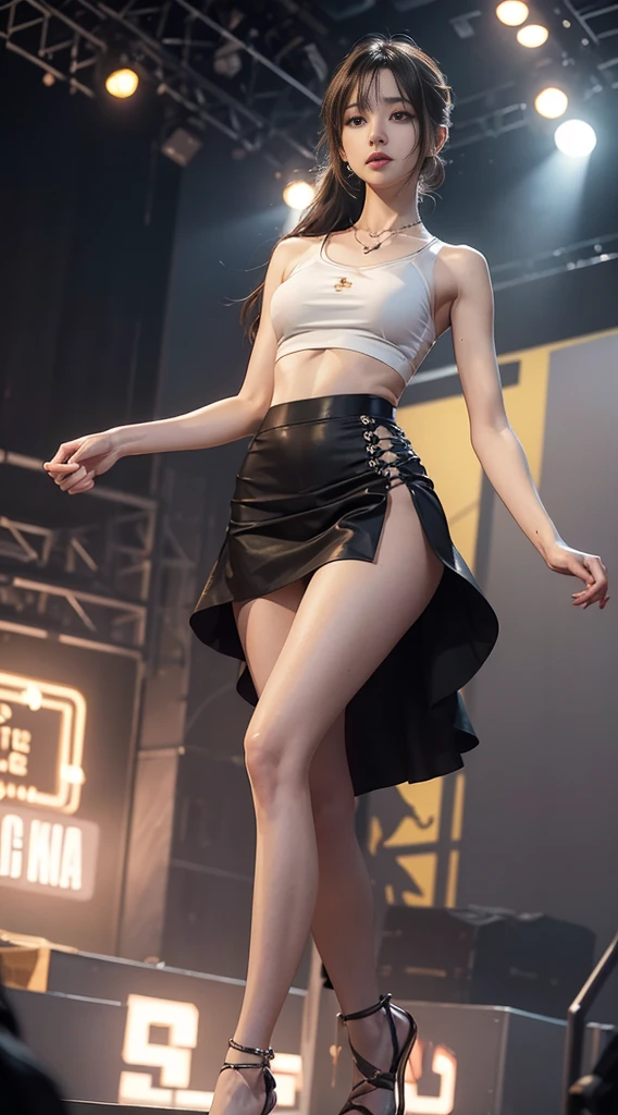 (Photorealistic),(Masterpiece),(ultra-detailed),a  lose shot of very pretty tall but very thin and feeble and almost skin and bones,have no fat,extremely small head,extremely thin and slim thighs and legs,wearing a loose skirt and a tank top,171cm and 37kg,performing on a stage,20 year old idol member girl, has eaten almost nothing for a month due to how busy she is, somehow staying bright despite being extremely exhausted and hungry, feels like she could faint instantly but stays bright for her fans