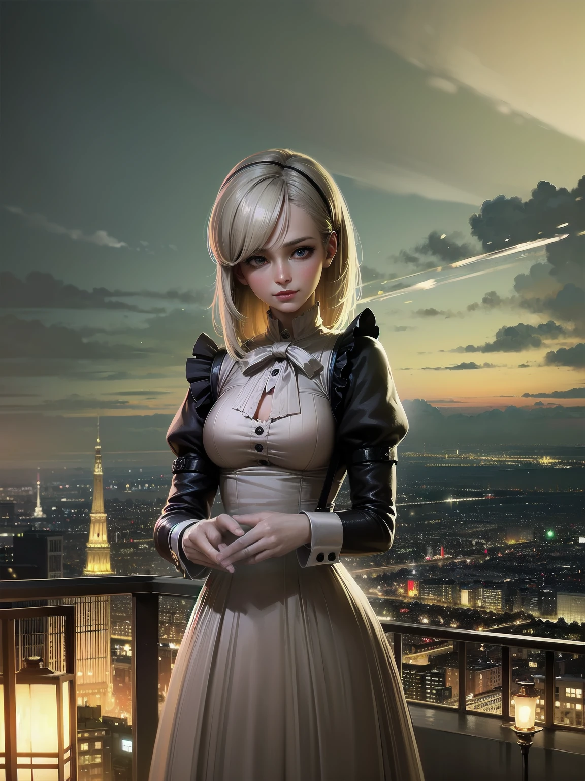 (Highest quality、16K、masterpiece、Ultra-high resolution、Victorian era、Photorealistic:1.2)、A delicate Lolita girl, , stands on a castle balcony at dusk, surrounded by the city's skyline and steampunk contraptions. Her platinum hair is messy, framing her androgynous charm. She wears a flowing white dress with a light green tie and holds a pocket watch in hand. A subtle smile plays on her lips as she gazes out at the night view, her eyes shining like sapphires. The air is filled with steam spewing from pipes, adding to the surreal atmosphere. Her skin glows with an ultra-dense texture, and her fingers are full and detailed.
