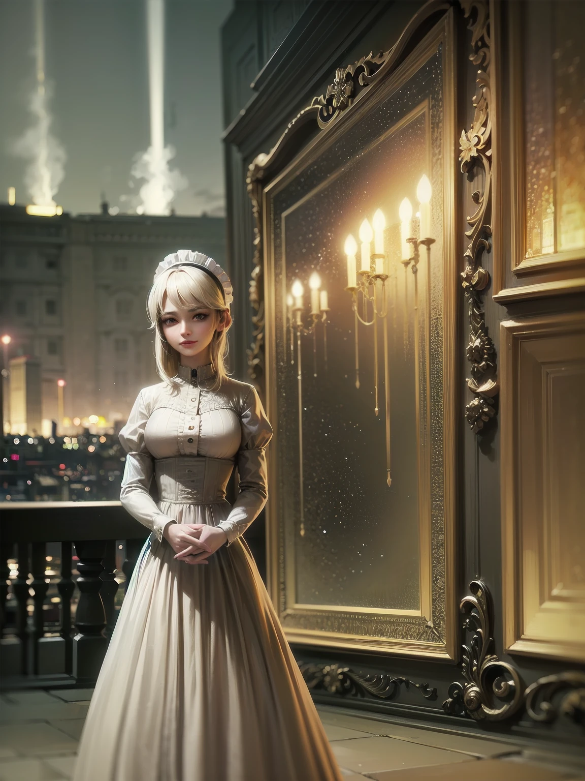 (Highest quality、16K、masterpiece、Ultra-high resolution、Victorian era、Photorealistic:1.2)、A delicate Lolita girl, aged 13, stands on a castle balcony at dusk, surrounded by the city's skyline and steampunk contraptions. Her platinum hair is messy, framing her androgynous charm. She wears a flowing white dress with a light green tie and holds a pocket watch in hand. A subtle smile plays on her lips as she gazes out at the night view, her eyes shining like sapphires. The air is filled with steam spewing from pipes, adding to the surreal atmosphere. Her skin glows with an ultra-dense texture, and her fingers are full and detailed.