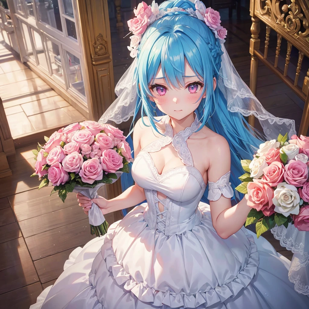 Sky blue hair, (Braided Ponytail),(Pink Eyes),Fair skin ,(whole body),(One girl),bride,blush,Straight bangs, 6月のbride,Wedding dress,(masterpiece, Highest quality, Very detailed, Best Shadow), (Detailed Background), (Beautifully detailed face), High Contrast, (Best lighting, Very delicate and beautiful), ((Cinematic Light)), colorful, Hyper Detail, Dramatic Light, Intricate details,Wedding hall,Bouquet of roses