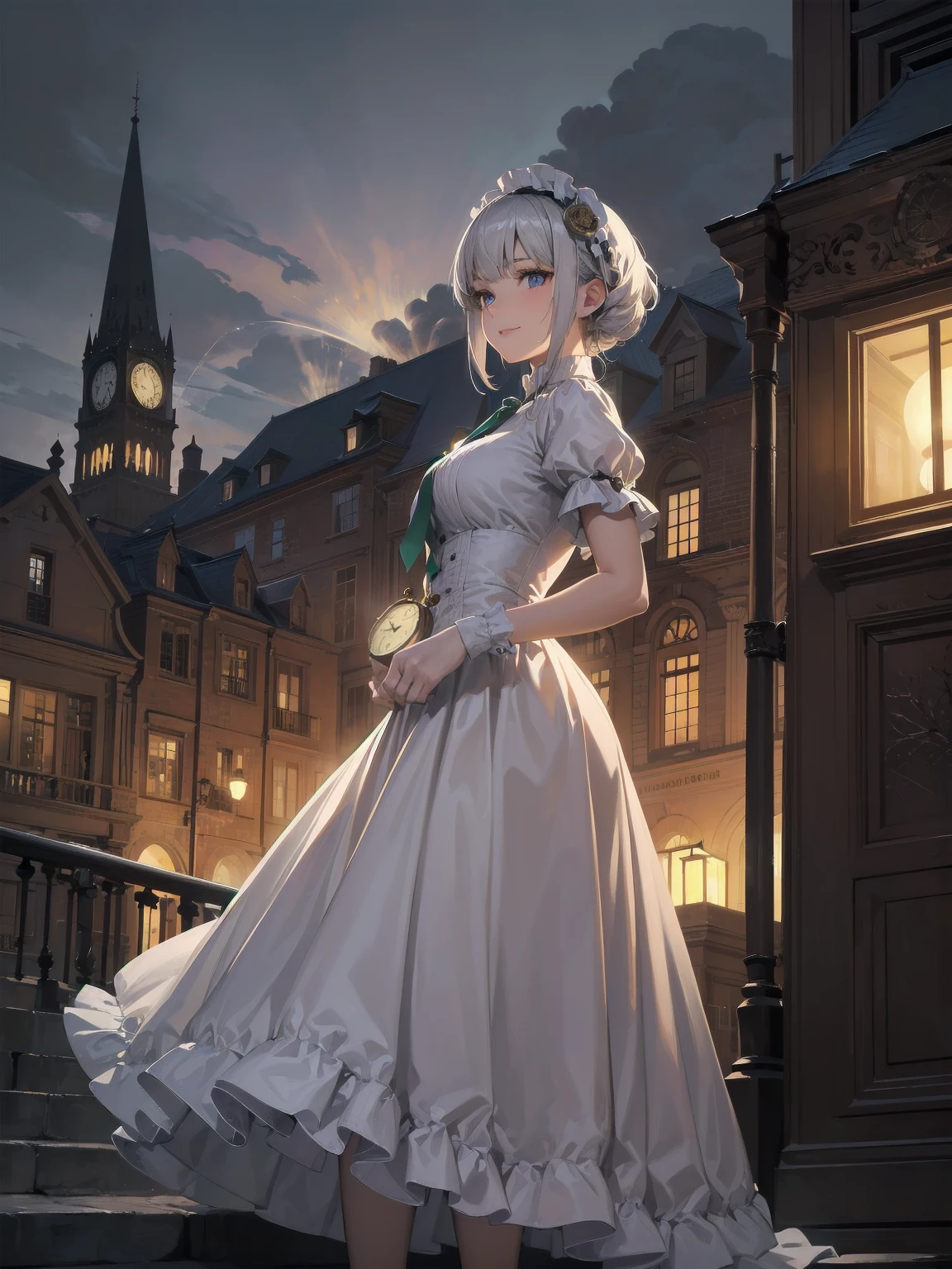 (Highest quality、16K、masterpiece、Ultra-high resolution、Victorian era、Photorealistic:1.2)、A delicate Lolita girl, aged 13, stands on a castle balcony at dusk, surrounded by the city's skyline and steampunk contraptions. Her platinum hair is messy, framing her androgynous charm. She wears a flowing white dress with a light green tie and holds a pocket watch in hand. A subtle smile plays on her lips as she gazes out at the night view, her eyes shining like sapphires. The air is filled with steam spewing from pipes, adding to the surreal atmosphere. Her skin glows with an ultra-dense texture, and her fingers are full and detailed.