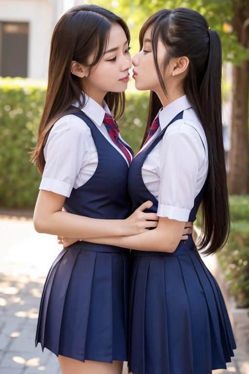 Two busty girls in school uniforms are kissing