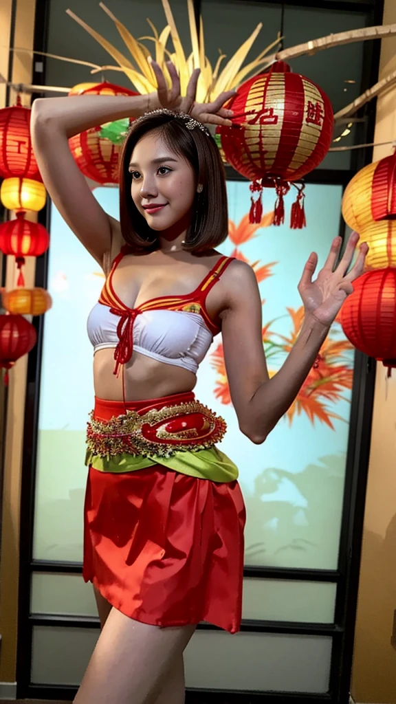 1 woman, Chinese New Year Outfit, Large breasts, Wearing far Microskirt, 8K - Top Quality, Knee Shot, backview, sexy pose walking up, hour glass body