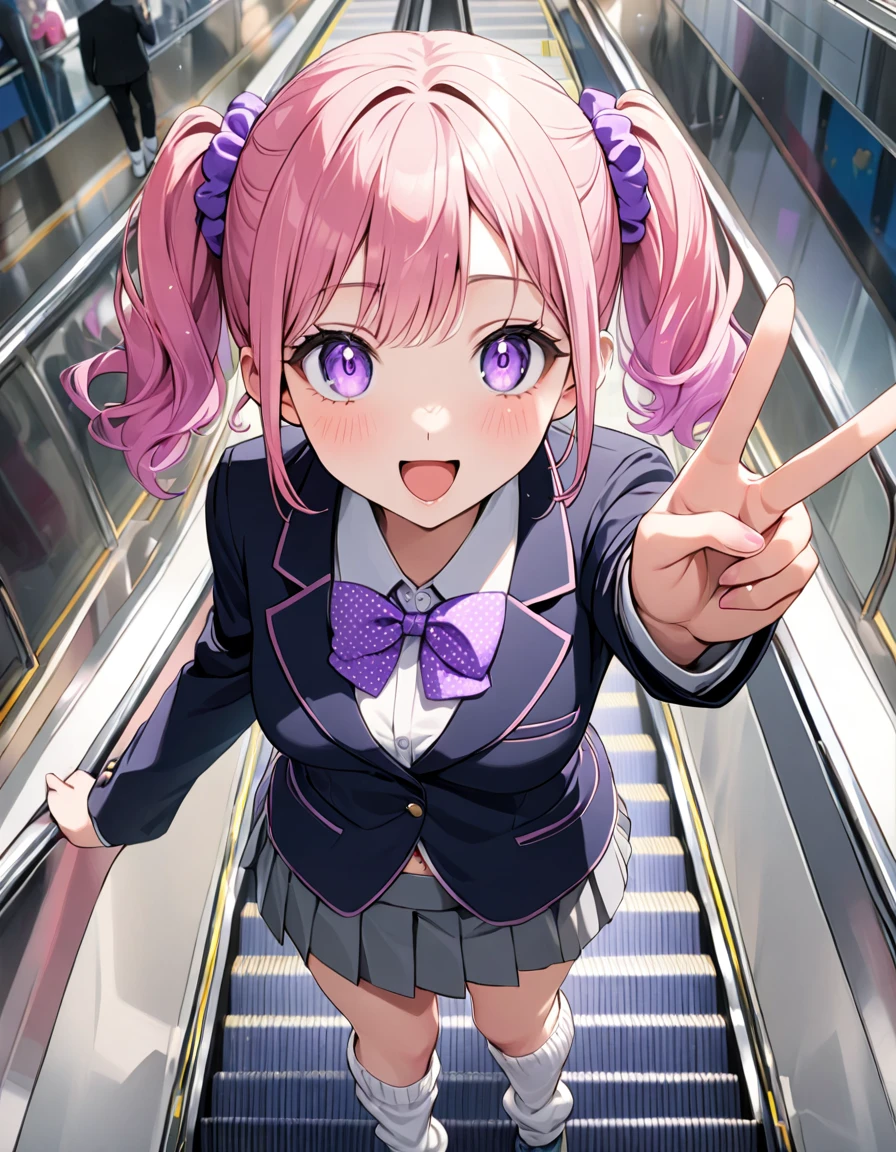 (8K, best quality, master piece: 1.2), super high resolution,1 girl,16yo,solo,1ultra-detailed face,detailed eyes,perfect hands, perfect fingers,sparkling pupils,Mascara,Bubblegum Pink hair,natural wave hair,twintails,amethyst Eyes,(scrunchie,blazer,Short pleated skirt),(gray:1.5),navel,polka-dot pattern bow tie,smaile,open mouth,medium breasts,((loose socks)),(making a peace sign),リムライト,standing on a down escalator,Look at Viewer