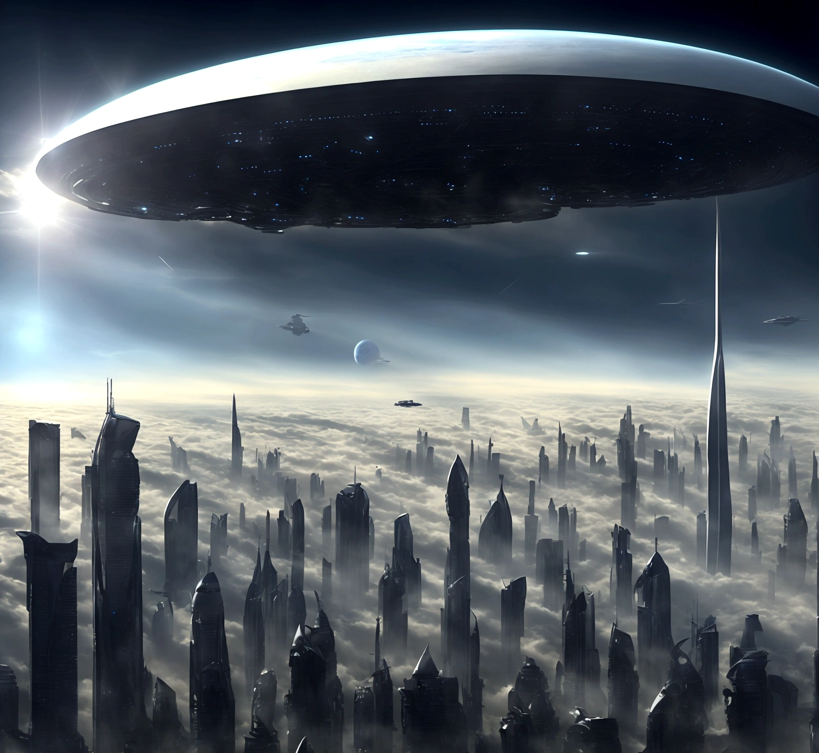 Science fiction scene: Aliens ((very similar to humans)) arriving on planet Earth. In the sky, a gigantic mothership ((1km long, 100 meters high and 300 meters wide, looking like a big luxury yacht)) surrounded by smaller spacecraft, flying over the city of São Paulo, brazil