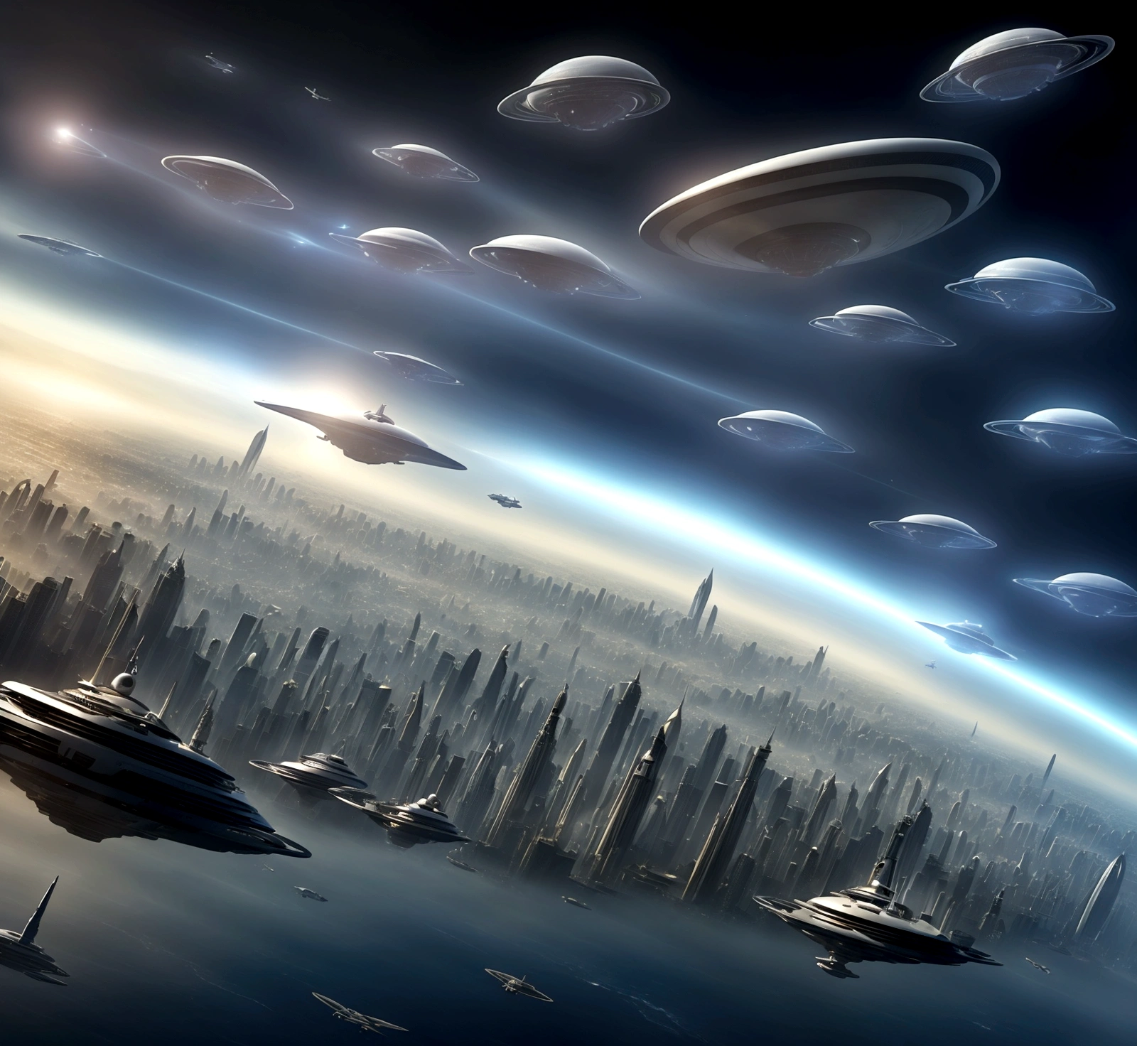 Science fiction scene: Aliens ((very similar to humans)) arriving on planet Earth. In the sky, a gigantic mothership ((1km long, 100 meters high and 300 meters wide, looking like a big luxury yacht)) surrounded by smaller spacecraft, flying over the city of São Paulo, brazil