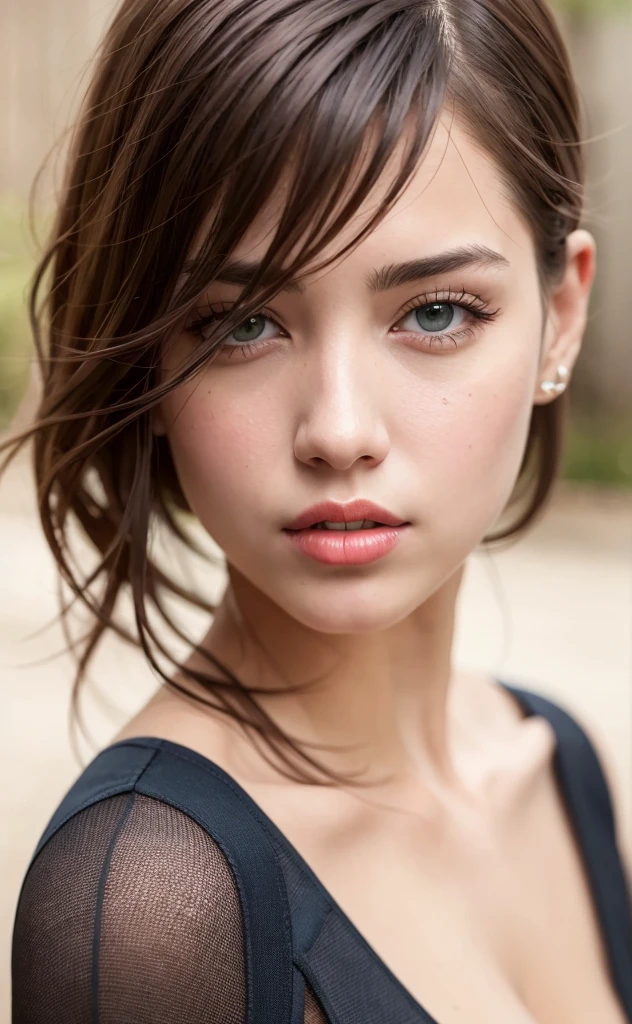 best quality, ultra high res, (photorealistic:1.4), (detailed beautiful girl:1.4), (medium breasts:0.8), looking_at_viewer, Detailed facial details, beautiful detailed eyes,Brown Hair, blue eyes, slender, haunting smile, (makeup:0.3), red lips, highly detailed clothes, (ulzzang-6500-v1.1:0.3) 