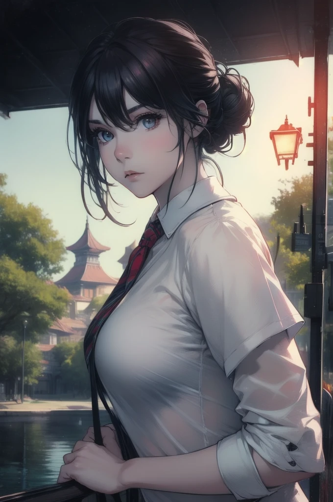 Best image quality, Masterpiece level, Ultra-high resolution, realism, Fantasy Theme, weapons, Facial details, girl, single, Hair Bun, Fairy tale theme, Upper Body, Chinese architecture, inflammation, Get more information on outdoor and cinema lighting, Increase overall ambient light detail, Face and eye details, improve the realism of body details, Sharp focus and clarity, Expressionless, White clothes, burgundy color hair, Bright Eyes, Simple Background.