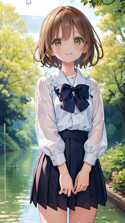 Close up of upper body,Highest quality, masterpiece, Ultra-high resolution, 8K, Show anime style , One, Soft line drawing, Digital Enhancement, shojo anime touch, shojo manga core, Flowing fabric, close, Soft Drawing, Ultra High Definition Digital Anime Art, Clear facial depiction, Highly detailed girl manga character art, Ultra-detailed manga style, Highest qualityの色, (Short brown hair)), Beautiful brown hair, Clear brown eyes,Eyes so detailed they reflect the scenery, A little chubby,Small ,Small Ass,Sum light blue and white clothes,School zone,(((Sunny day in between the rainy season))),The sunlight hits my face,(((I look up and put my hands over my eyes))) ,A pleasant smile,