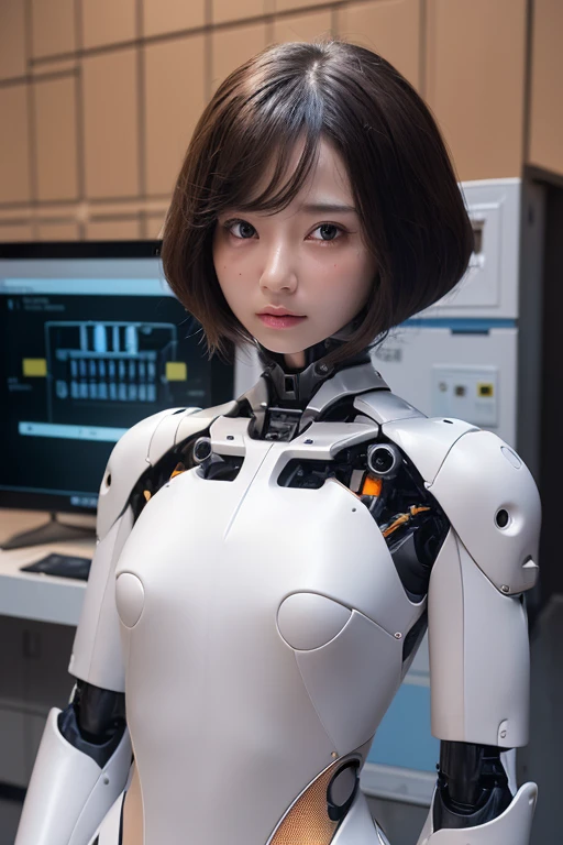 Realistic female robot、Not wearing any clothing、(Human skin-like exterior:1.5)、Hard plastic exterior、(Skin color:1.5)、Expressionless、(High Tech Lab、:1.5)
