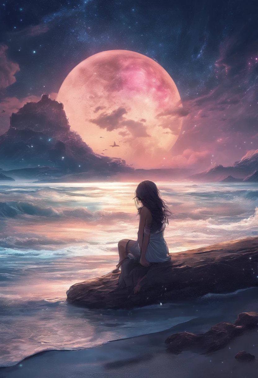 (masterpiece, best quality: 1.2), ultra detailed, cinematic lighting, HDR, illustration, landsape, 1girl, (soft colors), post-apocalyptic beach, the night, desolate atmosphere, girl sitting on the sand, covered vegetation, (overcast sky), waves crashing on the coast, (melancholic but hopeful), quiet moment of respite, (detailed textures), windswept hair, cloudy at night