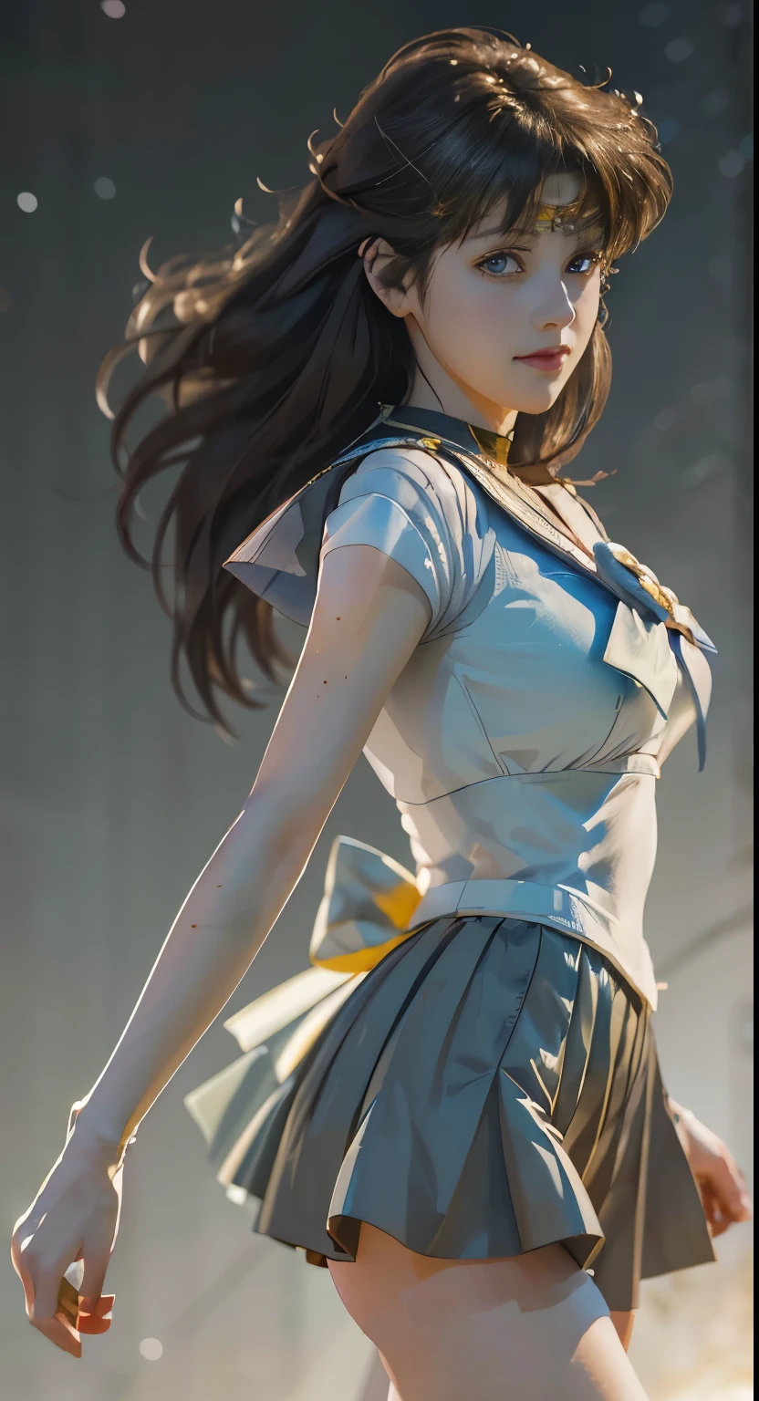 Image of a woman in her 50s wearing a short skirt and white shirt, Sailor Jupiter. beautiful, Smooth anime CG art, extremely detailed art germ, art germ jsc, Photorealistic Anime Girl Rendering, art germ. High detail, Realistic 3D animation, range murata and art germ, makoto shinkai and art germ