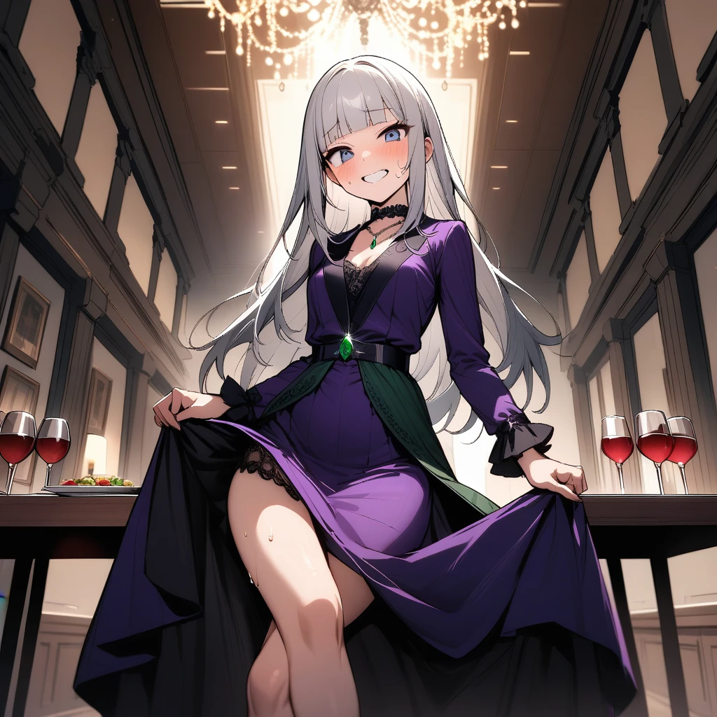 (masterpiece),(best quality),very aesthetic,(ultra-detailed),(illustration),nsfw,1girl,16yo,slender,long hair,silver hair,straight hair,(blunt bangs),dark blue alluring eyes,(annoyed:0.8),grin,sweat,wine glass,drunk,(skirt hold),bows lightly,crossed legs,standing,(head tilt:0.5),Gorgeously carved stone walls,An elegant and sophisticated outfit perfect for a party, featuring a purple velvet dress with green lace accents,long sleeves,Silver necklace with embedded emerald gemstone,toxic dark green lace panties,Guest house of Western aristocracy,Luxurious and spacious halls,High ceiling,table,A sumptuous meal is laid out on tables,cowboy shot,pantyshot,crowded with Mob Western aristocrats chatting with each other,(hided a knife under dress)