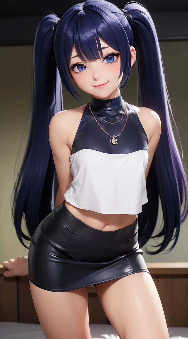 (masterpiece:1.3), (Best Quality:1.3), (Ultra-detailed:1.2), ((kawaii)), Cute, (lovely), ((sexy)), ((Extremely detailed)), 4K, (8K), Best Quality, (Beautiful), Illustration, anime style, (bold line:1.2), Gradation, looking at viewer, //, (bent down:1.1), (arms behind back), //, a cute girl, 1girl, (solo:1.2), gleaming skin, //, (flat chested), (Perfect eyes:1.2), (Perfect iris:1.2), //, darkblue hair color, (beautiful eyes) //, (half closed eyes:1.3), (sexual expression:1.2), Fascinated expression, smile, (blush:1.2), //, modern city background, on rock, twin tails, muscle girl, hard abs, exposed abs, NECKLACE, tight blouse, skirt