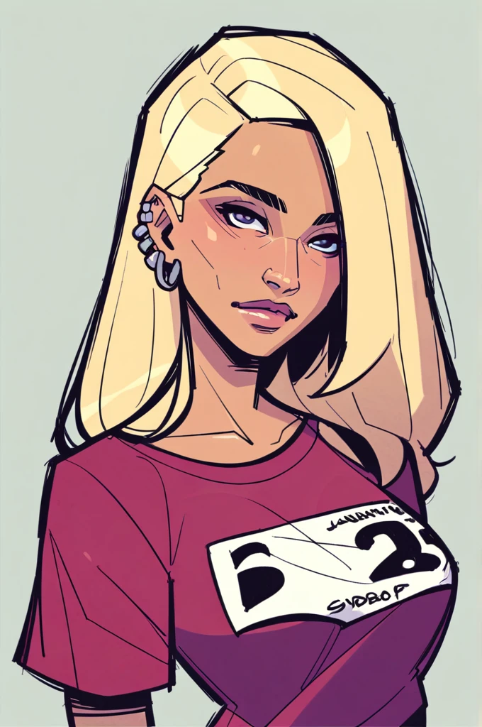 Flat colors, close up, portrait of a 25 year old surfer looking girl, beautiful, perfect tan skin, beach blonde salty hair, natural beaty, beautiful, casual, pocket Tee shirt, large perky breasts,  (([simply grey background]))) 
