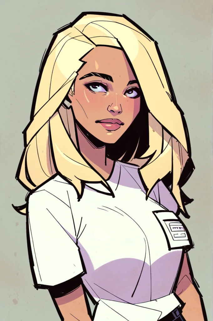 Flat colors, close up, portrait of a 25 year old surfer looking girl, beautiful, perfect tan skin, beach blonde salty hair, natural beaty, beautiful, casual, pocket Tee shirt, large perky breasts,  (([simply grey background]))) 
