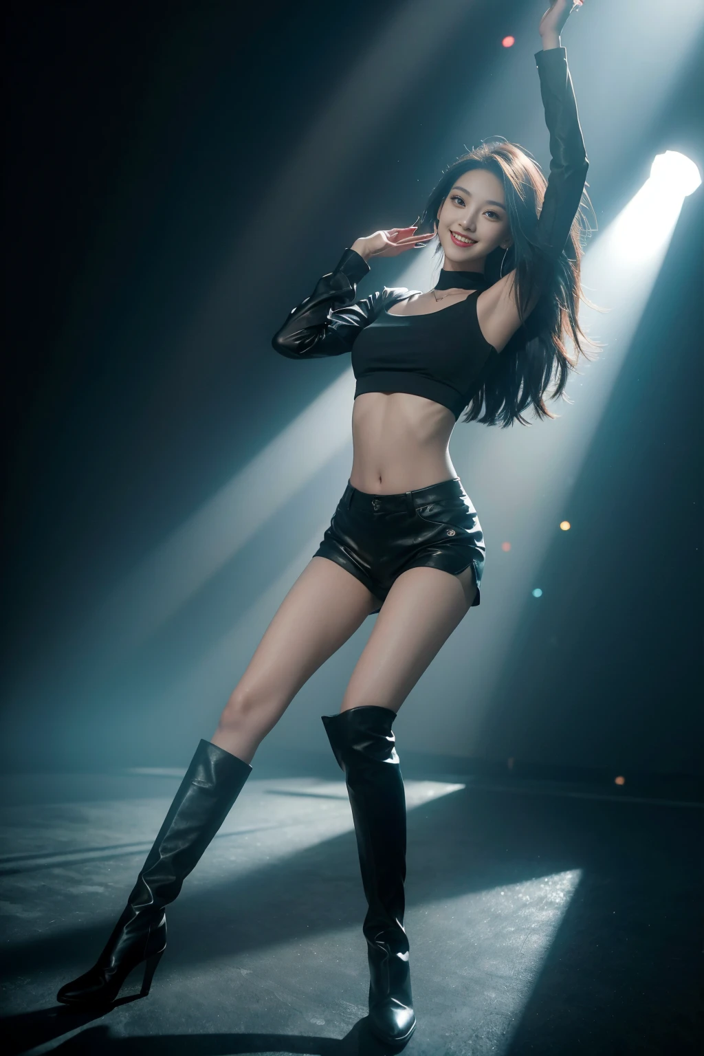Female group dance super beauty，Teal stretch top，Black shorts，Heavy makeup，Slim long legs，Black outer fabric boots，Charming smile，Center of stage，In the spotlight，Dynamic，Fast-paced，High light-shadow contrast，Wide-angle lens
