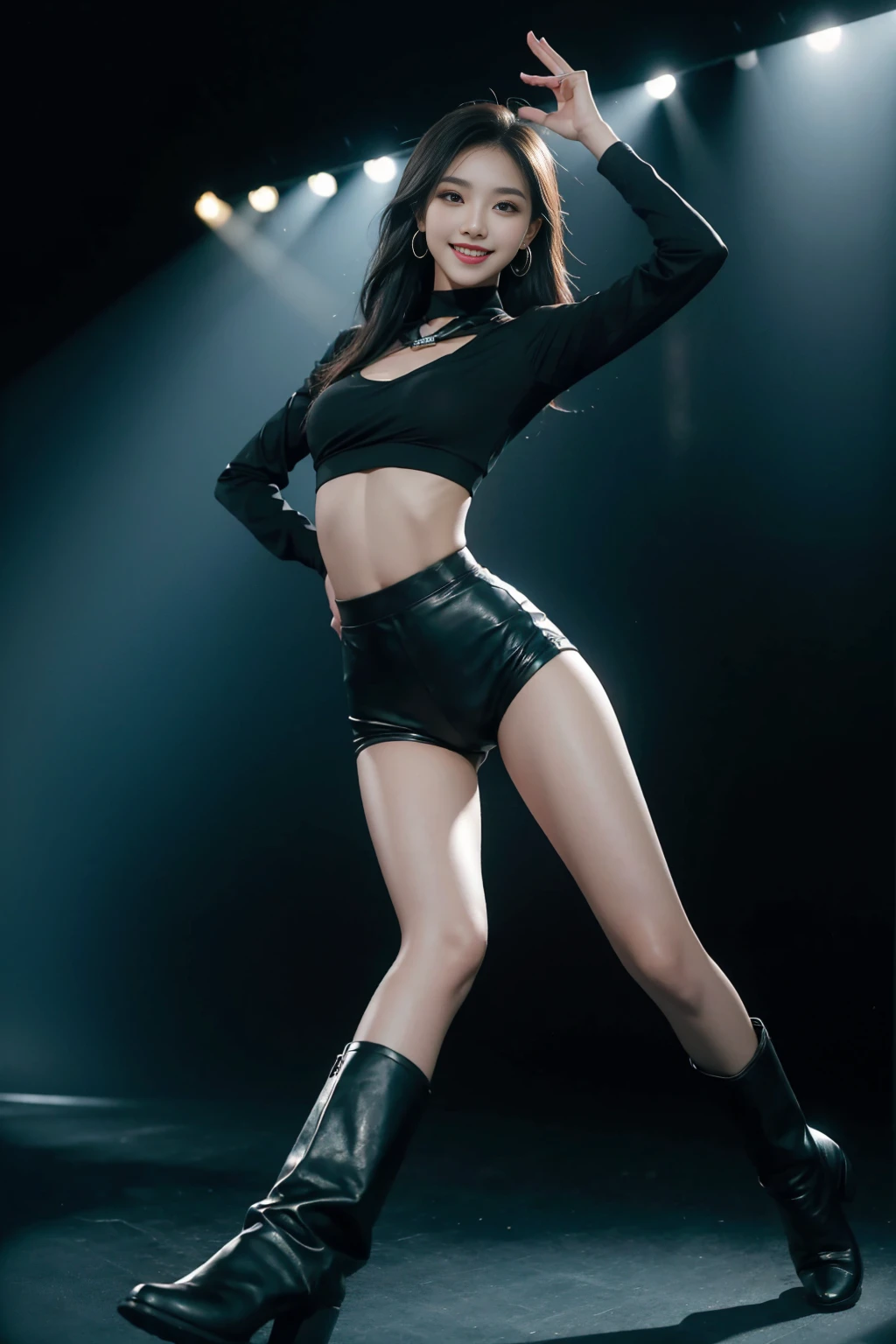 Female group dance super beauty，Teal stretch top，Black shorts，Heavy makeup，Slim long legs，Black outer fabric boots，Charming smile，Center of stage，In the spotlight，Dynamic，Fast-paced，High light-shadow contrast，Wide-angle lens