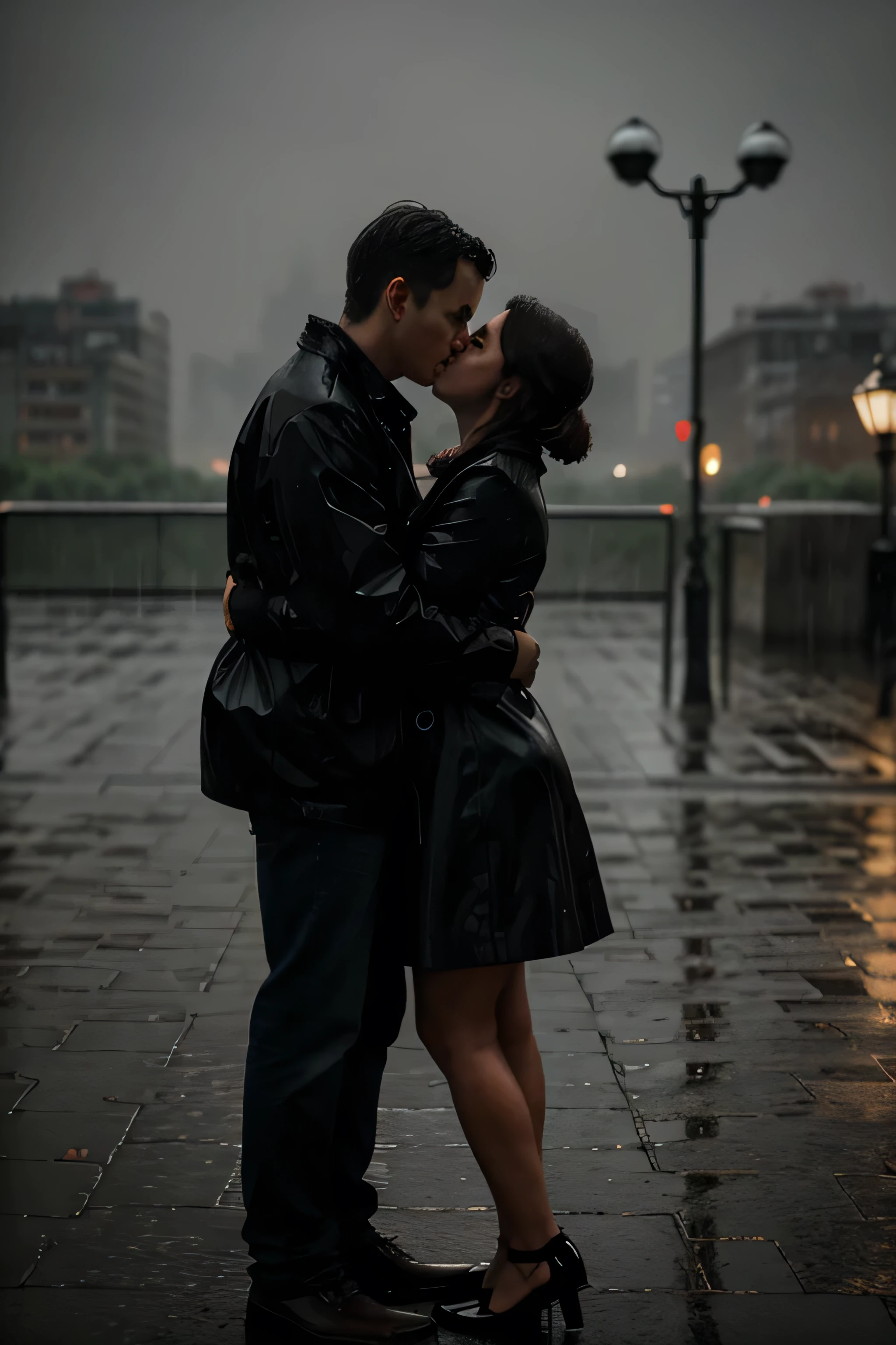 two people hugging and kissing in love under the immense rain, in the background a city, melancholic style