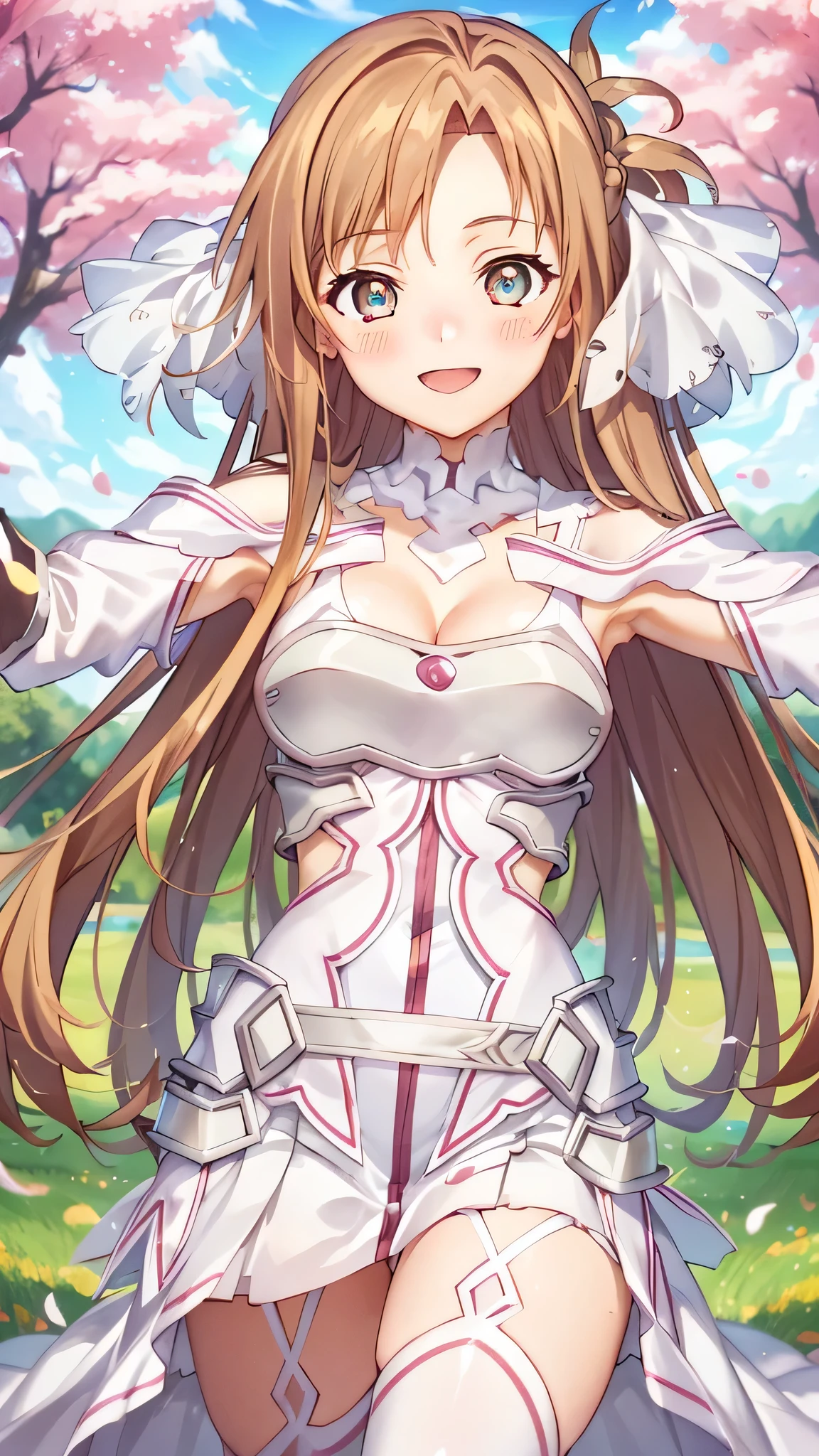 {{{masterpiece}}}, {{{best quality}}}, {{ultra-detailed}}, {illustration}, {{an extremely delicate and beautiful}}, (beautiful detailed eyes:1.6), extremely detailed face, 8k, anime face, asuna (Goddess of Creation Stacia), stacia, staciansfw, cute face, Long hair, Bangs ,Detailed eyes, orange hair, brown eyes, very long hair, medium breasts, thin waist, big hips, curvaceous, Orange leotard, gloves, white dress, (cleavage:1.0), bare shoulders, white gloves, (chest open:1.0), armor, white thighs, white thighhighs, garter straps, white armor, thighs, zettai ryouiki, BREAK, INCOMING HUG, INCOMING KISS, blush, sorriso alegre, open mouth, visual anime de uma jovem mulher, extremamente bonito rosto de anime, anime melhor garota, sorriso astuto, outdoor, sky, daytime, forest, field