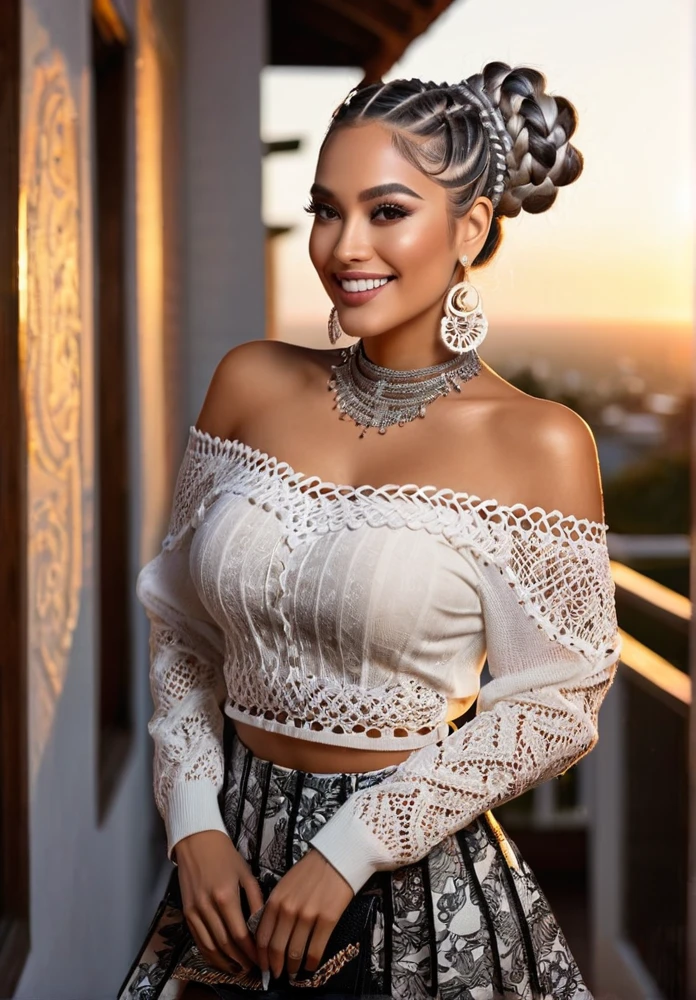 Create an image of a beautiful Latina woman inside a house at sunset. The woman is dressed in a way that emphasizes her natural beauty, with a mini skirt with bobbin lace ruffles and a big baggy bobbin lace V-neck off-shoulder sweater. She has a happy smile and a sexy face, with silver hair styled into buns twisted into a ponytail adorned with braids and elaborate beads, and fishbone braided hair. Her fringes are transparent, and her hair includes accessories like clips and a floating ponytail. Use cinematic lighting with the sunset as the light source to emphasize her beauty. Ensure the image is of maximum quality, ultra-high resolution, 8k quality, and in sea art mode 2