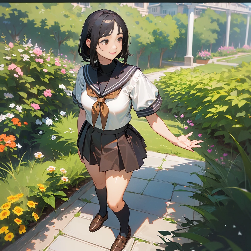 (Highest quality, High resolution, Super detailed, Realistic:1.37), Peaceful atmosphere, (Outdoor, garden), Teenage girl standing alone,(my breasts are big.),Beautifully detailed features, Cute Smile, ((Black bob hair)),Short-sleeved sailor uniform, Pleated skirt,Black tights,Brown leather shoes.