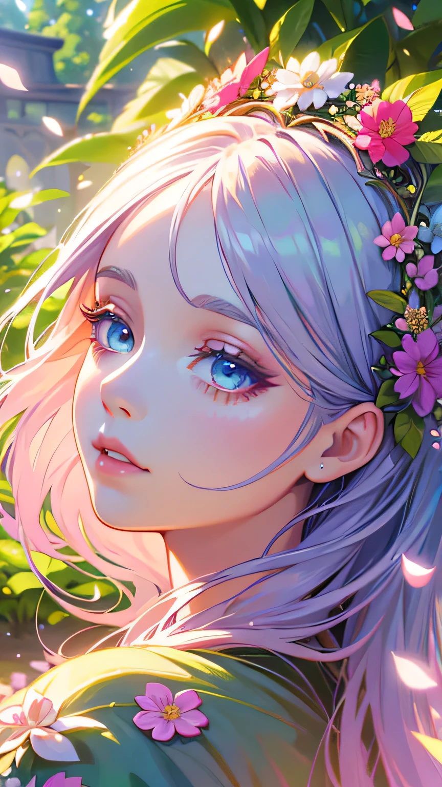 A beautiful girl in a lush garden, surrounded by blooming flowers, 1girl, detailed face, beautiful eyes, long eyelashes, detailed lips, intricate floral headdress, flowing dress, petals swirling around, colorful vibrant garden, natural lighting, photorealistic, 8k, ultra-detailed, masterpiece, award winning digital art