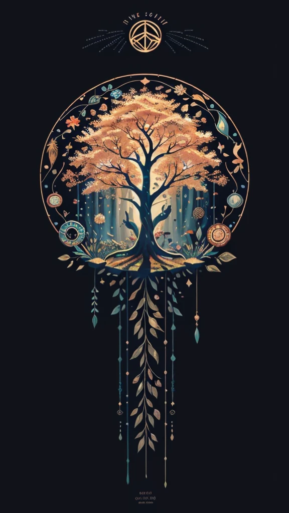 circular tree,four seasons,spring,summer,autumn,winter,leaves,roots,branches,trunk,ornate border,decorative,digital illustration,artwork,movement,time,swirling background,dark background,vibrant colors,natural,life cycle,growth,change,nature,life,peace,harmony,spirituality,symbolism,digital art,illustration,painting,graphic design,art,design,digital media,online art,visual art,fine art,fantasy