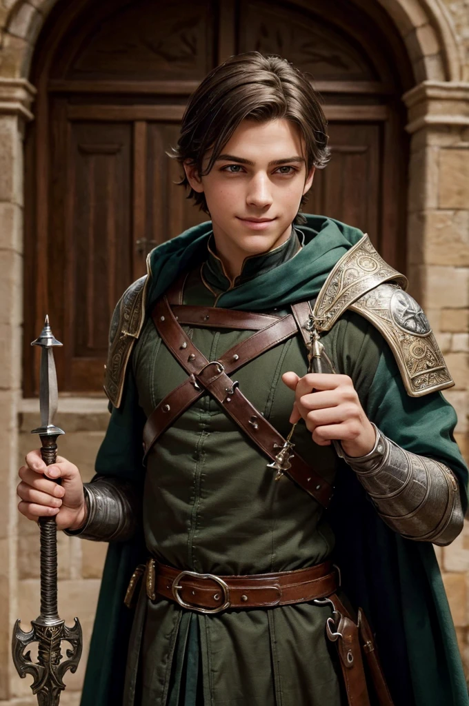 ((best quality)), ((masterpiece)), (detailed), ((normal anatomy)), beautiful eye detail, perfect face, high detail, charismatic, full body, realistic, cinematic lighting, defined body, super detail, high realism, a handsome young boy with shoulder length straight dark hair, slim build, medieval english fantasy theme, he has a bright innocent smile and large green eyes, he is wearing expensive medieval clothing and carries an elaborate silver rapier and dagger both sheathed on his leather belt, he is indoors in a medieval castle
