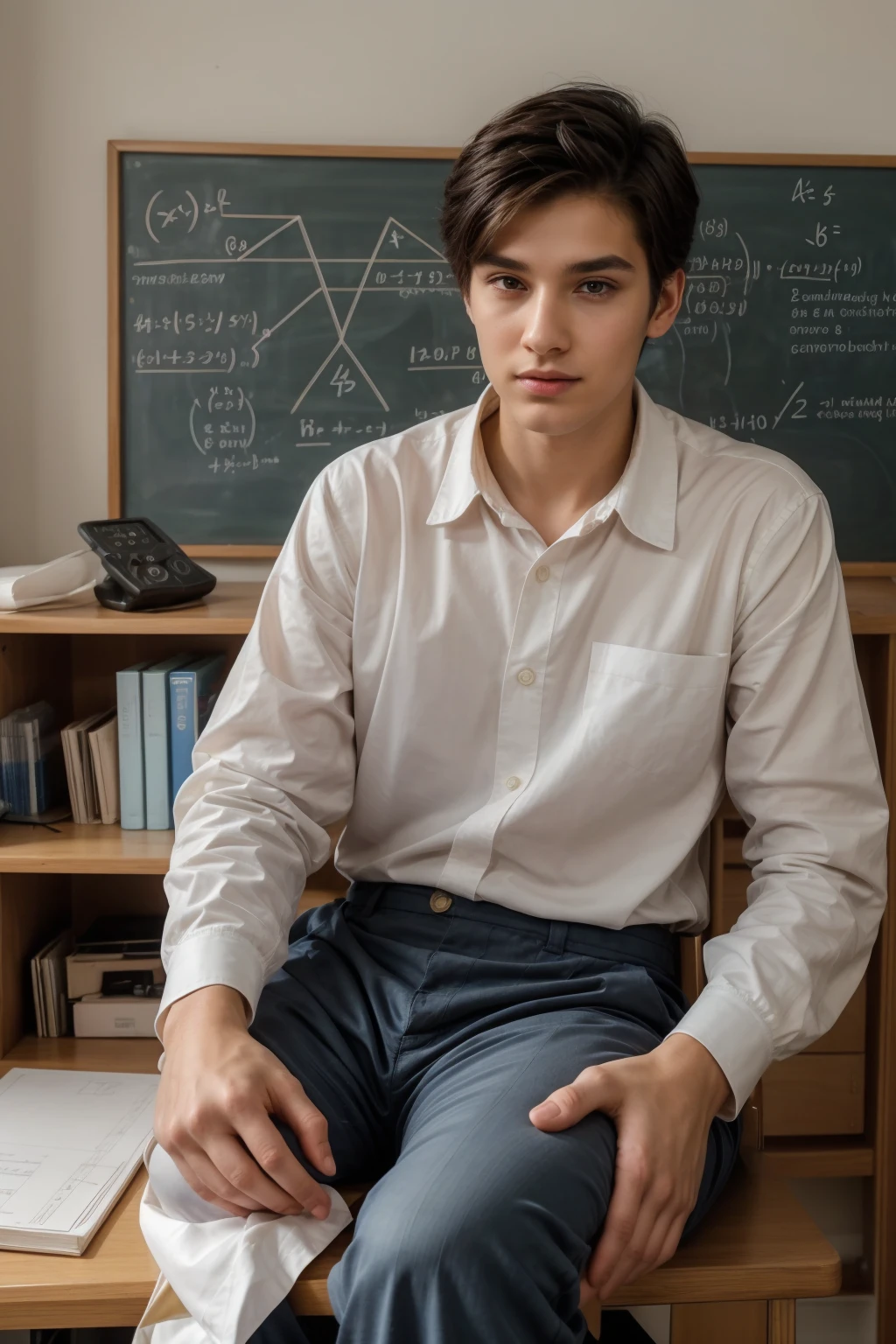 A beautiful, cute, male young man with a face with makeup and red cheeks and black hair, wearing a bright white long-sleeved shirt and aqua blue pants. He is in his scientific office, and behind him is a blackboard with mathematics written on it, including mathematical equations of differentiation and integration, and he is sitting at a desk in a chair. There are scientific books in front of him and he looks proudly.