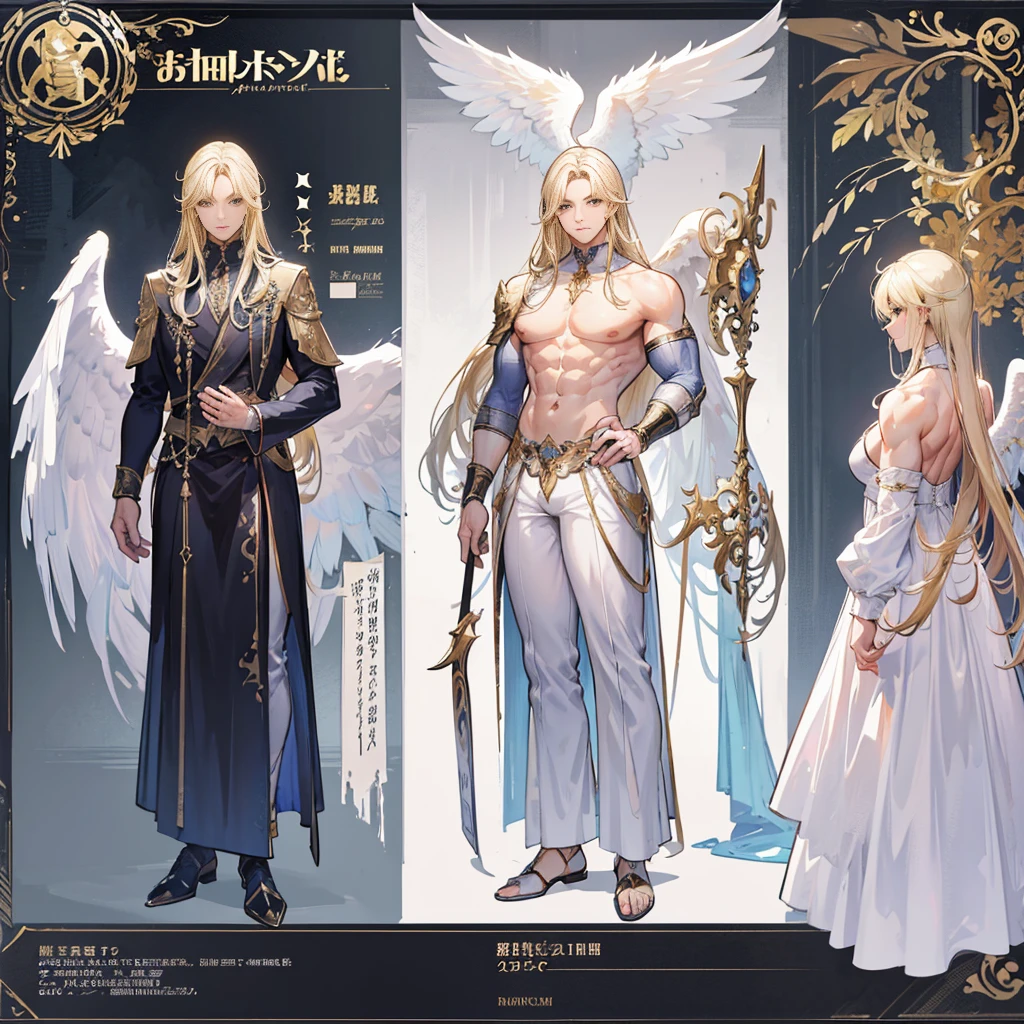 (Masterpiece, best quality), detailed, 1 man, ((character concept art)), ((character design sheet, same character, front, side, back)), full body, body complete, 1 Male angel, 1 Man angel, Detailed face, character design sheet,full bodyesbian, Highly detailed, character sheet, character design, Many parts, dark skin, angel wings, long blonde hair, angel outfit, muscle male god, male clothes, masculine, muscle man, male muscle, manly, male angel, Muscle male with long blonde hair,beautiful man, beautiful muscle man, abs, pectoral muscle