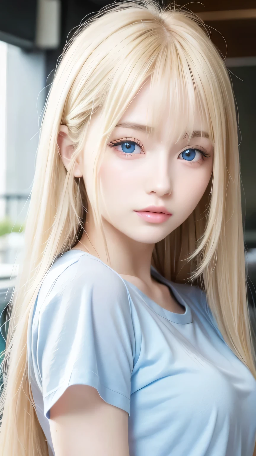 Super long straight silky blonde hair、Bangs hanging over the eyes、bangs on the face、A woman with beautiful, bright, large blue eyes is taking a photo, gorgeous young beautiful model, Portrait of Sophie Mudd, Beautiful female model, cute young beautiful girl, Portrait of a beautiful model, Beautiful Woman Photos, Perfect Face, 16 year old beautiful girl model, Beautiful young face, Blonde beautiful girl、Small Face Beauty、Round face、Tshirt、Ample Bust