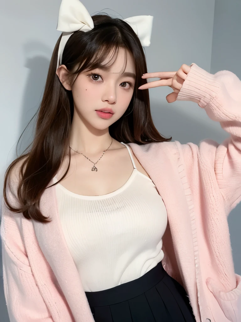 Kim Jennie with white brown hair, with curlers at the ends, with two bows on each side of the hair, all her hair white brown, with a star clip in her white brown hair, light colored eyes, pretty eyes, crying eyes, pretty, upturned nose, watery nose, Pretty lips, pink lips, heart and cupid shaped lip, pretty skin, pale, White skin, with moles and freckles all over his face, soft pink blush on the cheeks, natural pink blush, soft pink makeup, Jennie, nice neck, marked collar, frown, tender look, with a kiss necklace, a pretty kiss necklace, similar to Yumeko Jabami, while wearing a Crochet YK2, woolen, with a YK2 style brown mini skirt, while wearing a jacket with bear prints, while having a bare abdomen, Delgado, marked and pretty, (big breasts, soft breasts, nice breasts), while she is cosplaying the character Yumeko Jabami, The anime Kakegurui, While he is with a nice friend boy, looking to the camera