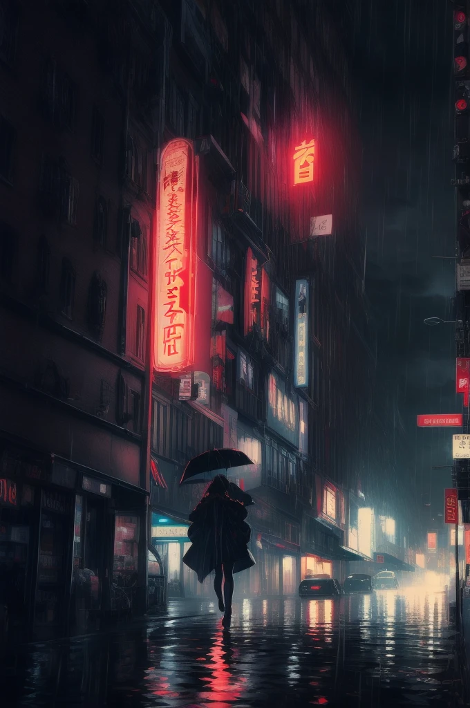 1 Japanese girl, Warframe, Complex Pattern, Heavy Metal, Energy Line, Faceless, Glowing Eyes, elegant, intense, Blood red and black uniform, alone, Modern, city, street, Dark Clouds, thunderstorm, heavy rain,, Dramatic lighting,, (masterpiece:1.2), Highest quality, High resolution,   Beautiful details, Very detailed, Perfect lighting,