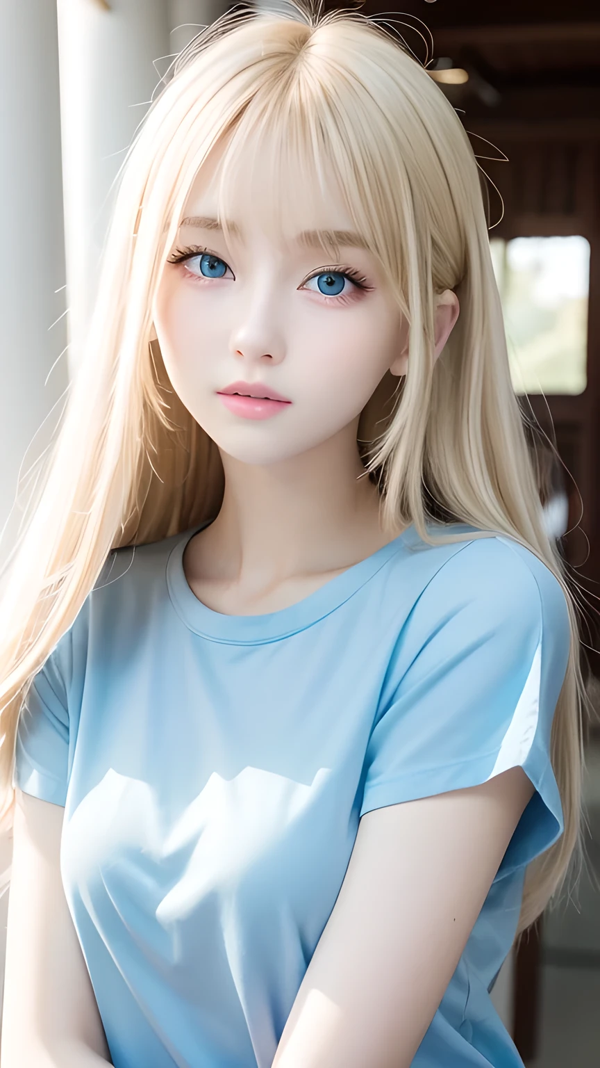 Super long straight silky blonde hair、Bangs hanging over the eyes、bangs on the face、A woman with beautiful, bright, large blue eyes is taking a photo, gorgeous young beautiful model, Portrait of Sophie Mudd, Beautiful female model, cute young beautiful girl, Portrait of a beautiful model, Beautiful Woman Photos, Perfect Face, 16 year old beautiful girl model, Beautiful young face, Blonde beautiful girl、Small Face Beauty、Round face、Tshirt、Ample Bust