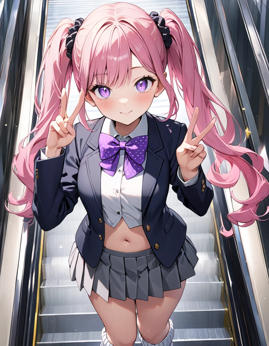 (8K, best quality, master piece: 1.2), super high resolution,1 girl,16yo,solo,1ultra-detailed face,detailed eyes,perfect hands, perfect fingers,sparkling pupils,Mascara,Bubblegum Pink hair,natural wave hair,twintails,amethyst Eyes,(scrunchie,blazer,Short pleated skirt),(gray:1.5),navel,polka-dot pattern bow tie,smaile,medium breasts,((loose socks)),(making a peace sign),リムライト,standing on a down escalator,Look at Viewer