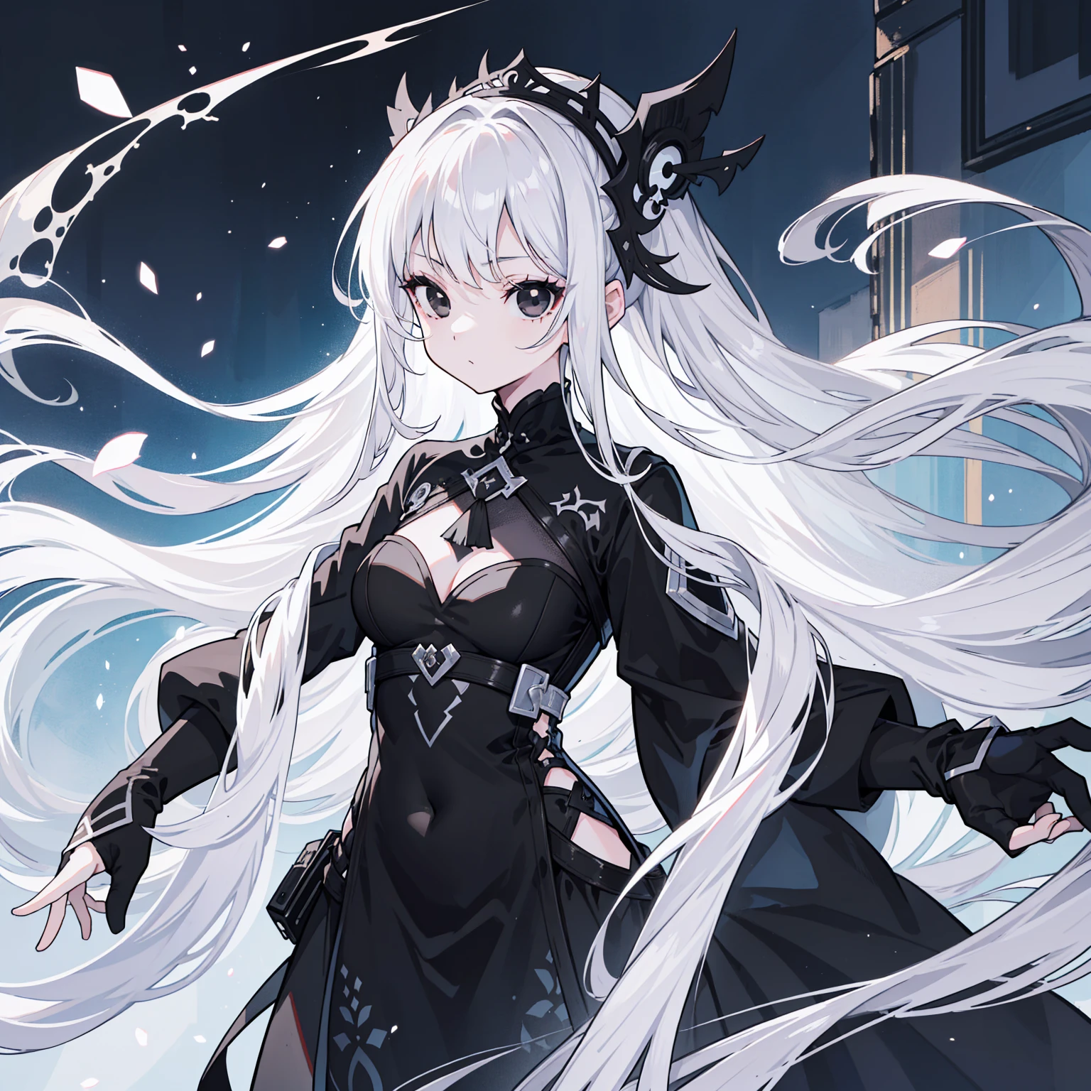 (Top image quality)、(Ultra Detailed)、(Facing forward)、top quality、masterpiece、(((1 girl)))、Silver Hair、white hair、((Long hair))、(black eyes:1.6)、