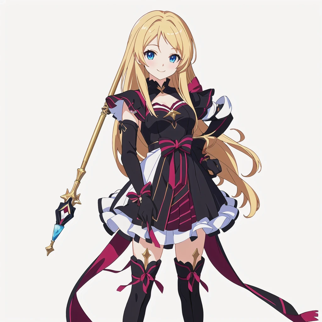 Highest quality, high resolution, High quality anime art style, Perfect hands,Perfect Fingers.Official Art, Smooth anime CG art, Stylized anime, Cute 3D anime girl render, Visual Novel Sprites, White background, whole body, Anime-style 3D, Smooth anime CG art, humanoid woman, JRPG Characters, Magical Girl Style, Anime woman in a black dress with maroon ribbon, Black gloves, Blonde, Long Hair, Light blue eyes, smile, Holding a decorated magic wand, Small Bust, Small breasts, 15 years old,