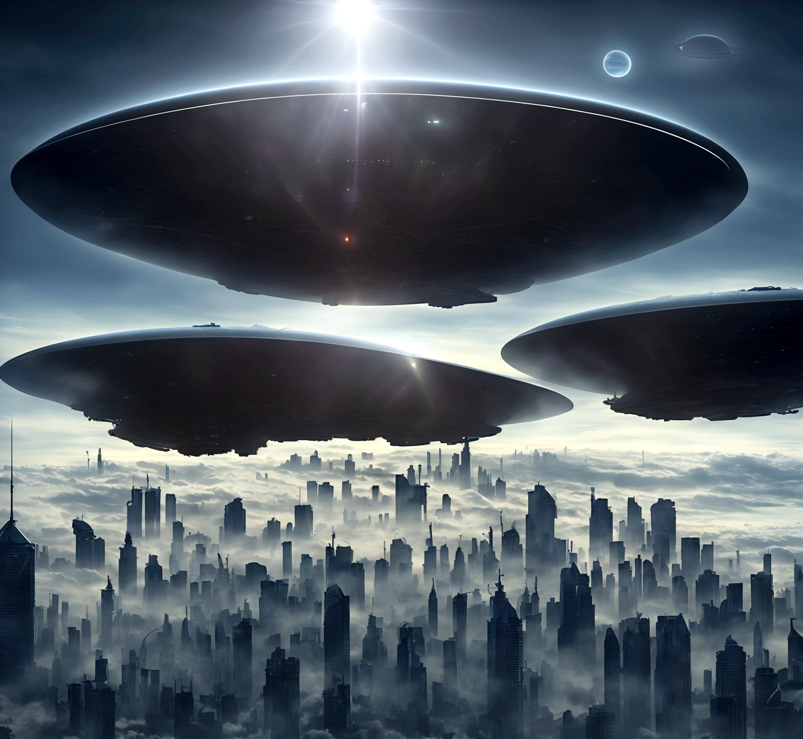 Science fiction scene: Aliens ((very similar to humans)) arriving on planet Earth. In the sky, a gigantic mothership ((1km long, 100 meters high and 300 meters wide,)) surrounded by smaller spacecraft, flying over the city of São Paulo, brazil