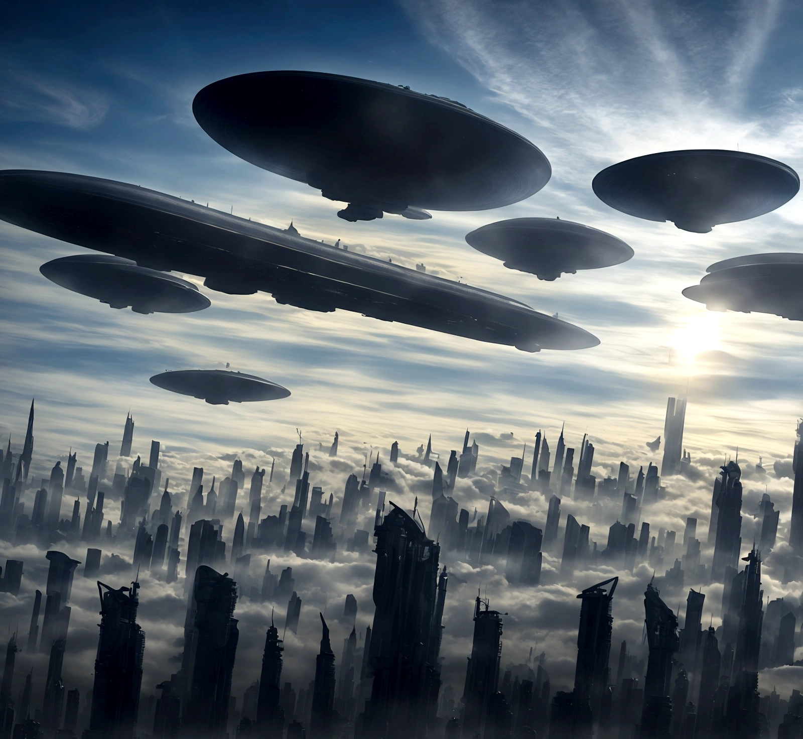 Science fiction scene: Aliens ((very similar to humans)) arriving on planet Earth. In the sky, a gigantic mothership ((1km long, 100 meters high and 300 meters wide,)) surrounded by smaller spacecraft, flying over the city of São Paulo, brazil