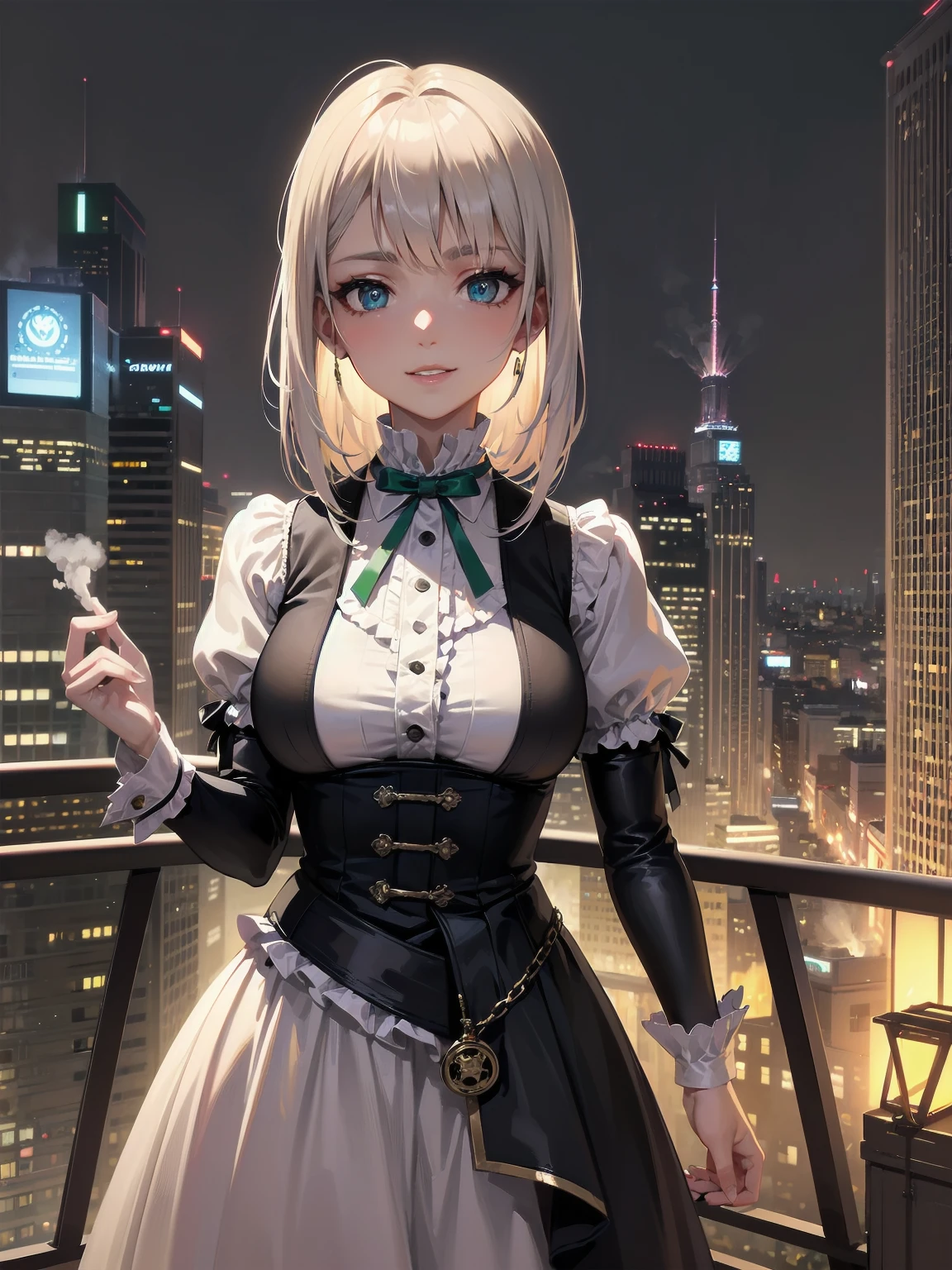 (Highest quality、16K、masterpiece、Ultra-high resolution、Victorian era、Photorealistic:1.2)、A delicate Lolita girl, aged 13, stands on a castle balcony at dusk, surrounded by the city's skyline and steampunk contraptions. Her platinum hair is messy, framing her androgynous charm. She wears a flowing white dress with a light green tie and holds a pocket watch in hand. A subtle smile plays on her lips as she gazes out at the night view, her eyes shining like sapphires. The air is filled with steam spewing from pipes, adding to the surreal atmosphere. Her skin glows with an ultra-dense texture, and her fingers are full and detailed.
