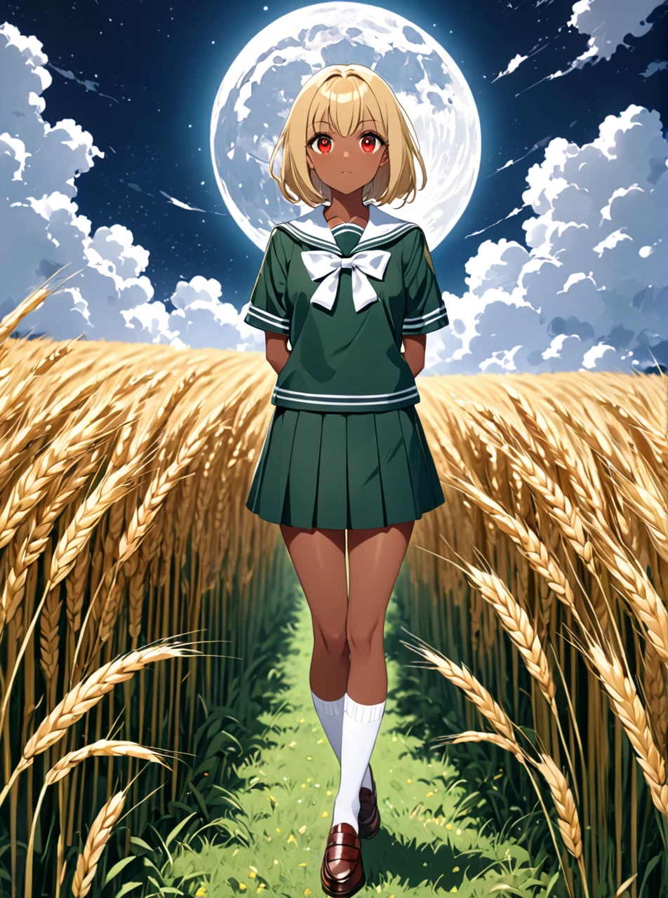 Highest quality, masterpiece, Ultra-high resolution, One girl,
blondes、Smooth Hair、Two-tone hair、Bobcut、Red Eyes、Sparkling Eyes、Detailed eyes、Slanted Eyes、Tanned, wheat-colored skin、Brown Skin、Traditional deep green sailor suit、White socks、loafers、Standing with your legs apart、Arms crossed、Confident expression、A fantastic atmosphere、full moon、White Moon、Perfect proportions