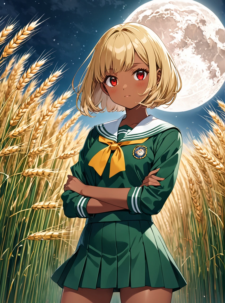 Highest quality, masterpiece, Ultra-high resolution, One girl,

blondes、Smooth Hair、Two-tone hair、Bobcut、Red Eyes、Sparkling Eyes、Detailed eyes、Slanted Eyes、Tanned, wheat-colored skin、Brown Skin、Traditional deep green sailor suit、White socks、loafers、Standing with your legs apart、Arms crossed、Confident expression、A fantastic atmosphere、full moon、White Moon、Perfect proportions
