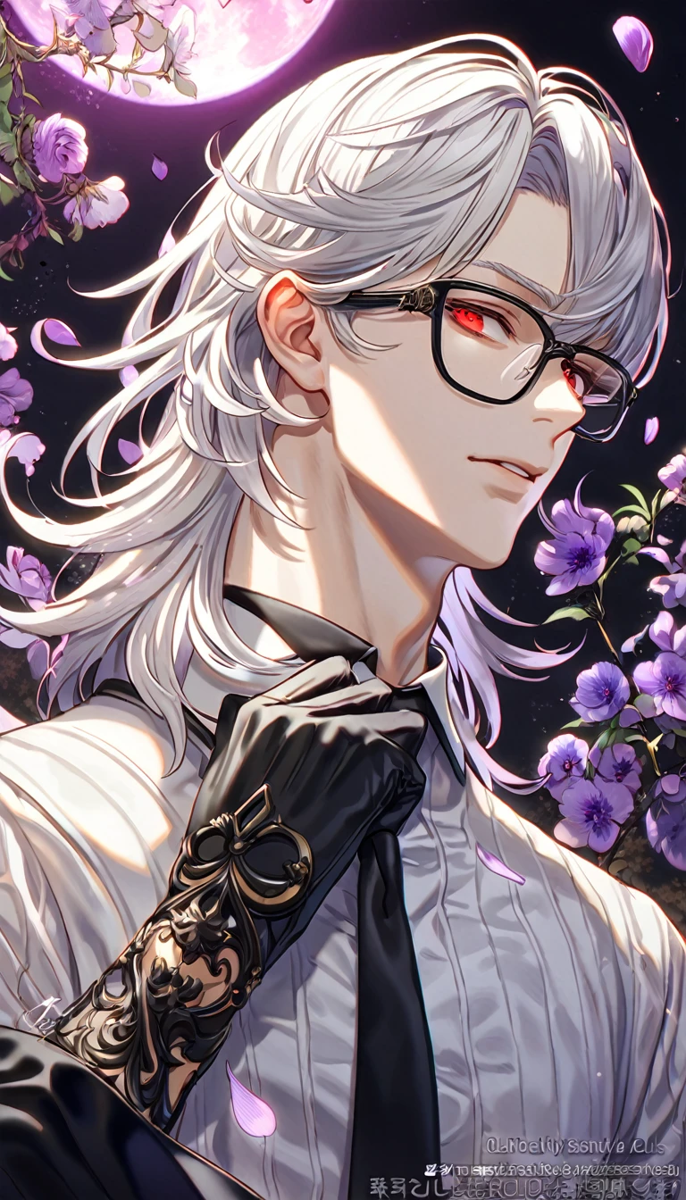 absurdres, highres, ultra detailed, HDR, master piece, best quality, Adam, white hair, medium hair, expressive red eyes, Nier Automata, solo, sexy man, handsome, glasses with black frames, white shirt, black necktie, black gloves, fantasy, purple moon, purple flowers, purple blossoms, purple petals, fireflies