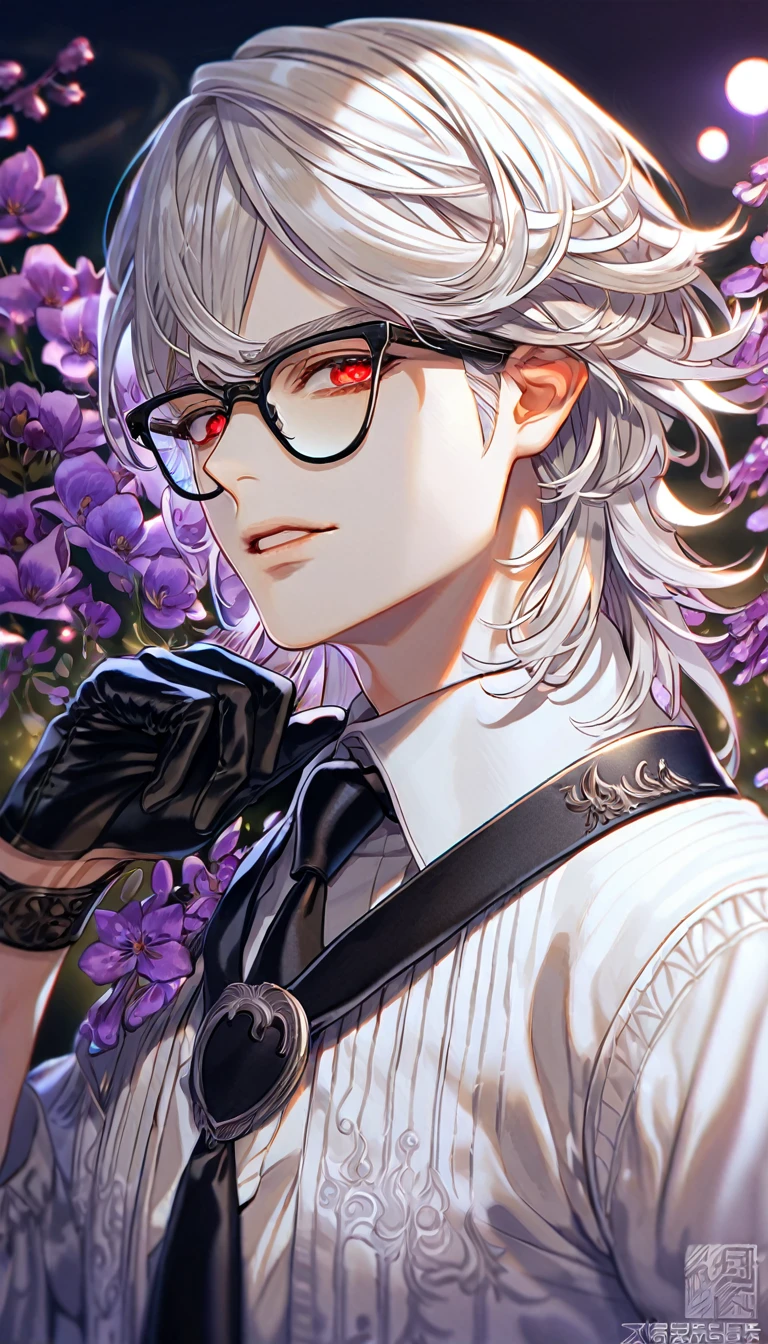 absurdres, highres, ultra detailed, HDR, master piece, best quality, Adam, white hair, medium hair, expressive red eyes, Nier Automata, solo, sexy man, handsome, glasses with black frames, white shirt, black necktie, black gloves, fantasy, purple moon, purple flowers, purple blossoms, purple petals, fireflies