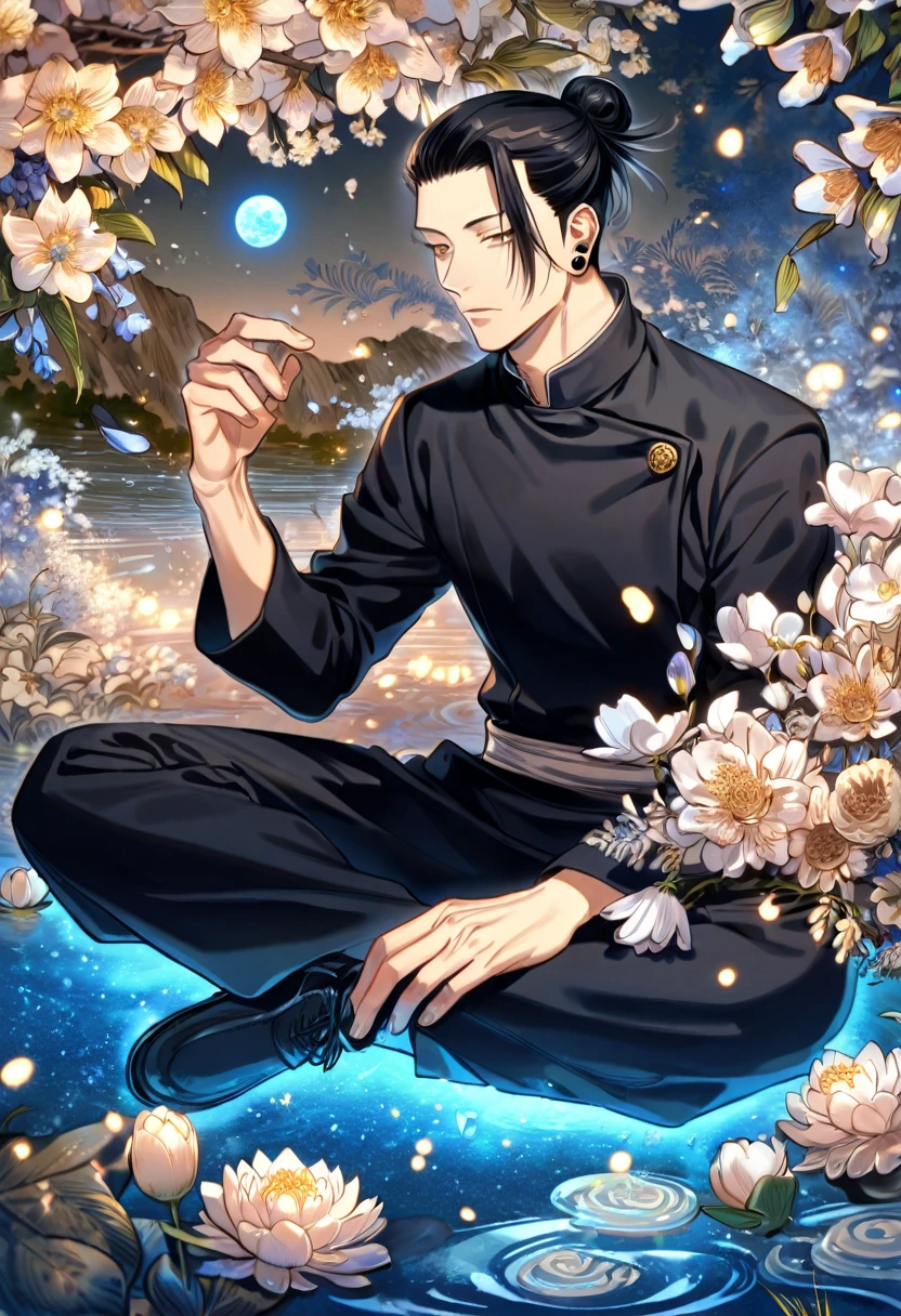 absurdres, highres, ultra detailed, HDR, master piece, Getou Suguru, black hair tied in a bun, expressive brown eyes, black shirt, black piercing, Jujutsu Kaisen, man, handsome, best quality, blue moon, flowers, fantasy, magical, solo, water, blue shining fireflies, blue petals, Jujutsu Kaisen uniform, black pants, sitting