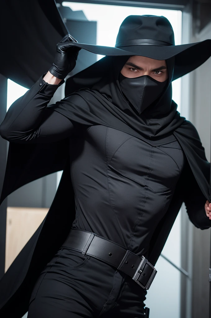 Make a night man vigilante with a hat, cape and tactical costume. on your face, make a plain black mask covering your entire face.