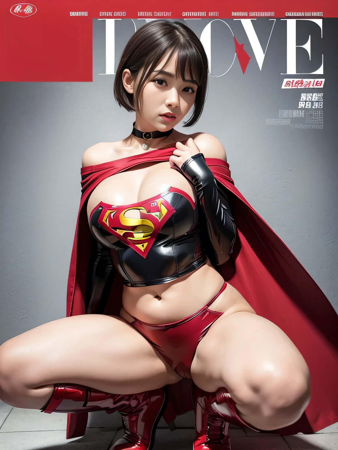 masterpiece、Enamel Supergirl Costume、short hair、Patent leather boots、Big and ample breasts、Crisis situation、Complete surrender、Inside the prison、torture chamber、Abused、Humiliating torture、Squatting Pose、shiny sweaty skin、looking at the camera、choker、Long sleeve、Sexy poses to seduce、Off the shoulder、latex、from right in front、Crotch tearing、athlete、Racing Bloomers、Red Cape、Beautiful Body、Weekly magazine cover、