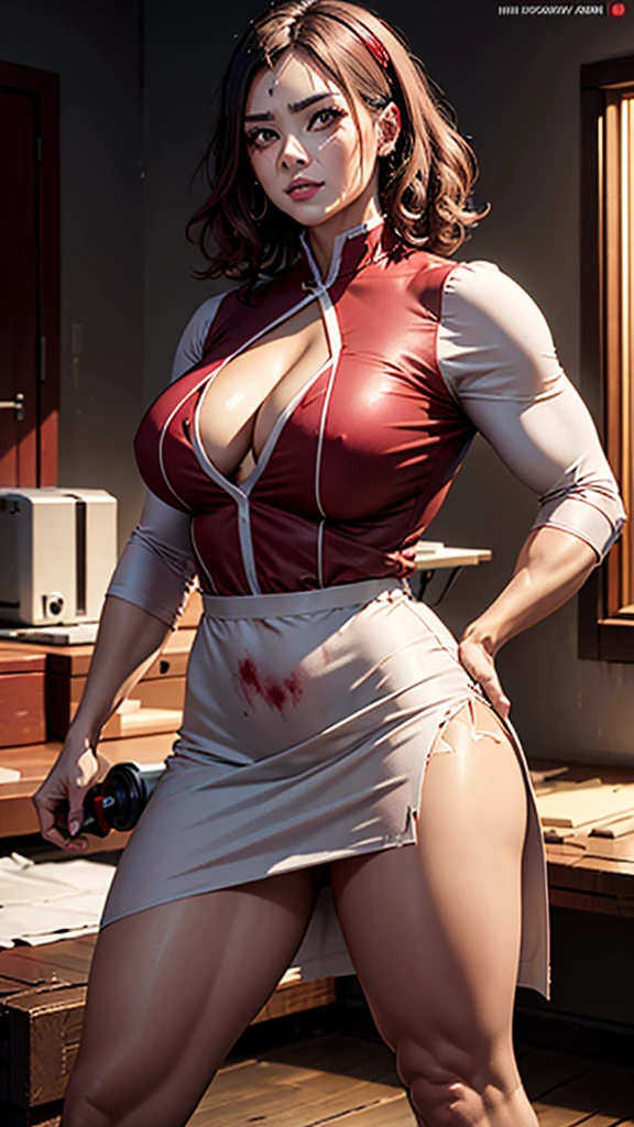 ((bloodstains)), ((respingos de bloodstains)), ((bloodstains nas roupas)), ((mancha de bloodstains)), hospital, (nurse uniform), (has an electric saw), (zombie's), absurderes, foto RAW, extremely delicate and beautiful, Masterpiece artwork, muscular woman, extremamente musculosa extremely large physique, extremely muscular legs, extremely muscular arms, extremely large physique, very muscular,best qualityer, ultra-high resolution, 32k, hyper realist, ultra-detailed, Detailed Description, skin fair, 20 year, crying mole, 耳环, Colossal, short medium hair, wavyhair, evil smile, full body shot,